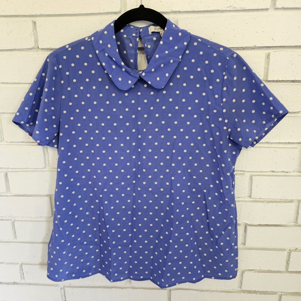 FOREVER 21 Women's Blue/White Polka Dot S/S Top w/Collar Large